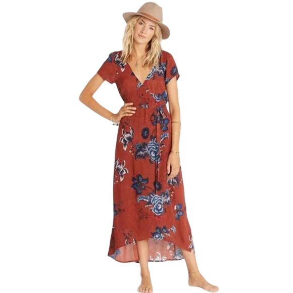 BILLABONG Wrap Dress, S, Rust/Multicolor Floral, Short sleeve, Rayon - Picture 15 of 15